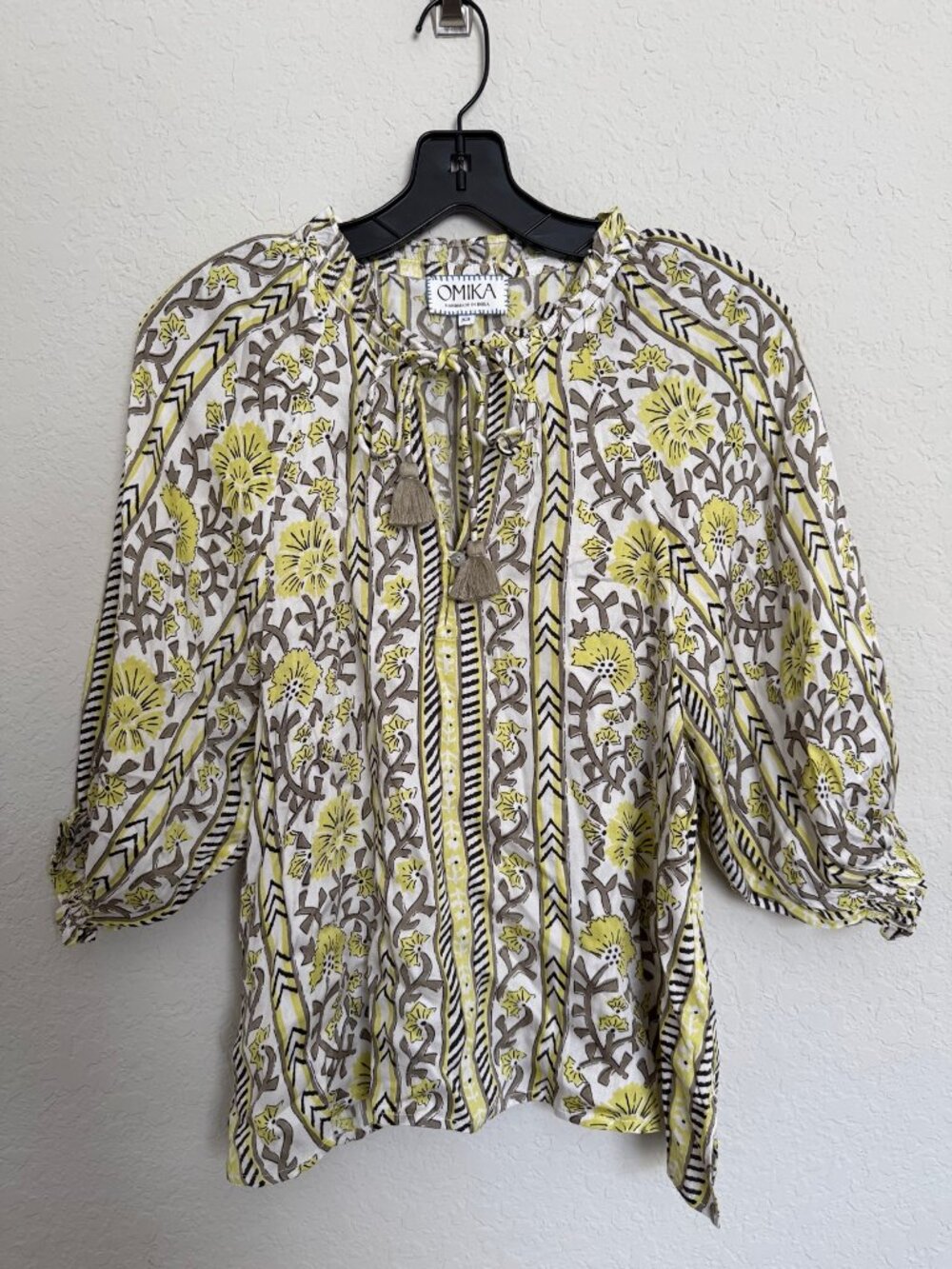 Omika Handmade Boho Floral Peasant Blouse Tie Neck Tassel XS Art to Wear Earthy